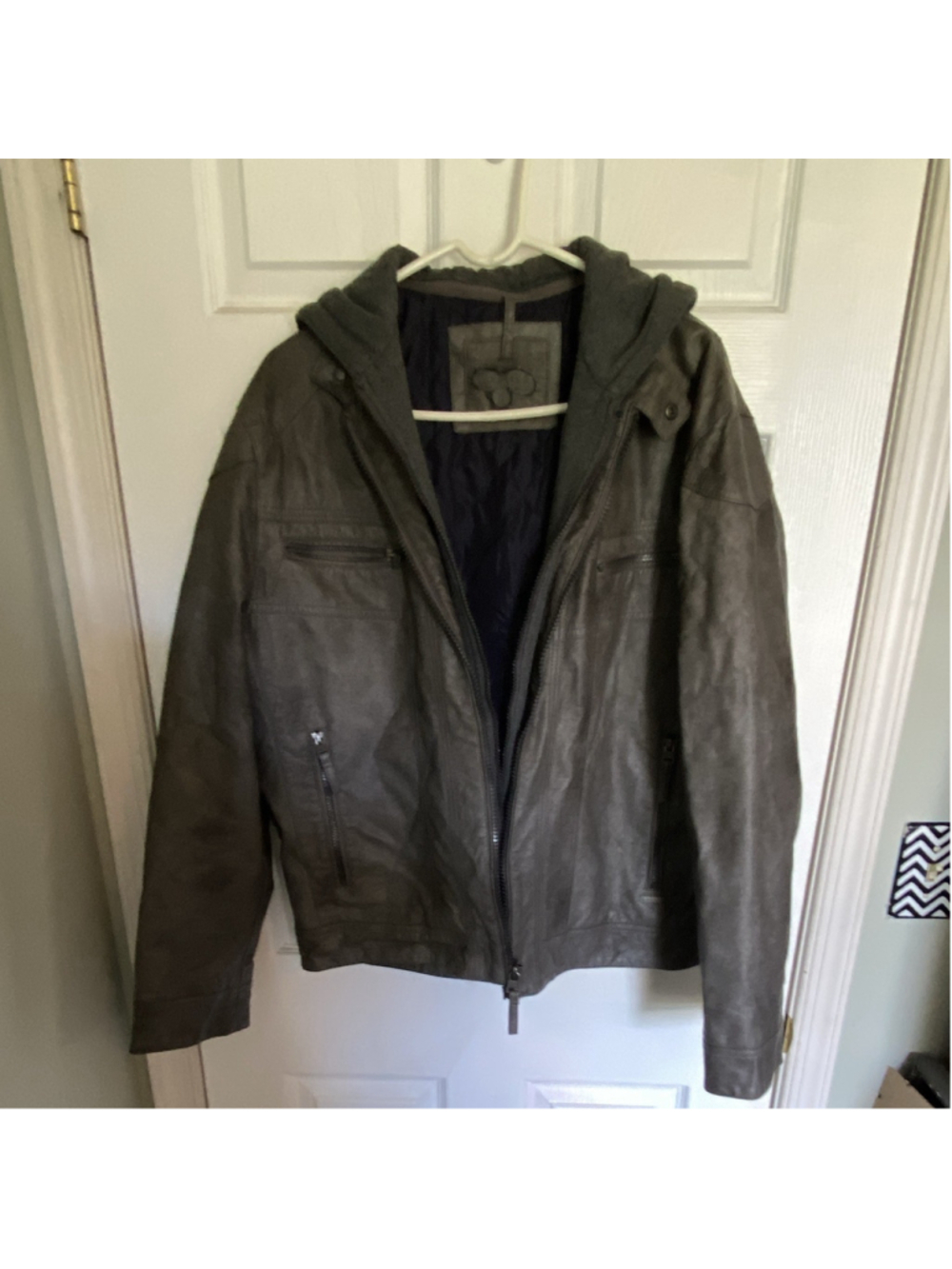 Calvin Klein Men's L Gray Leather Hooded Full Zip Lined Short Jacket Logo - Picture 5 of 6